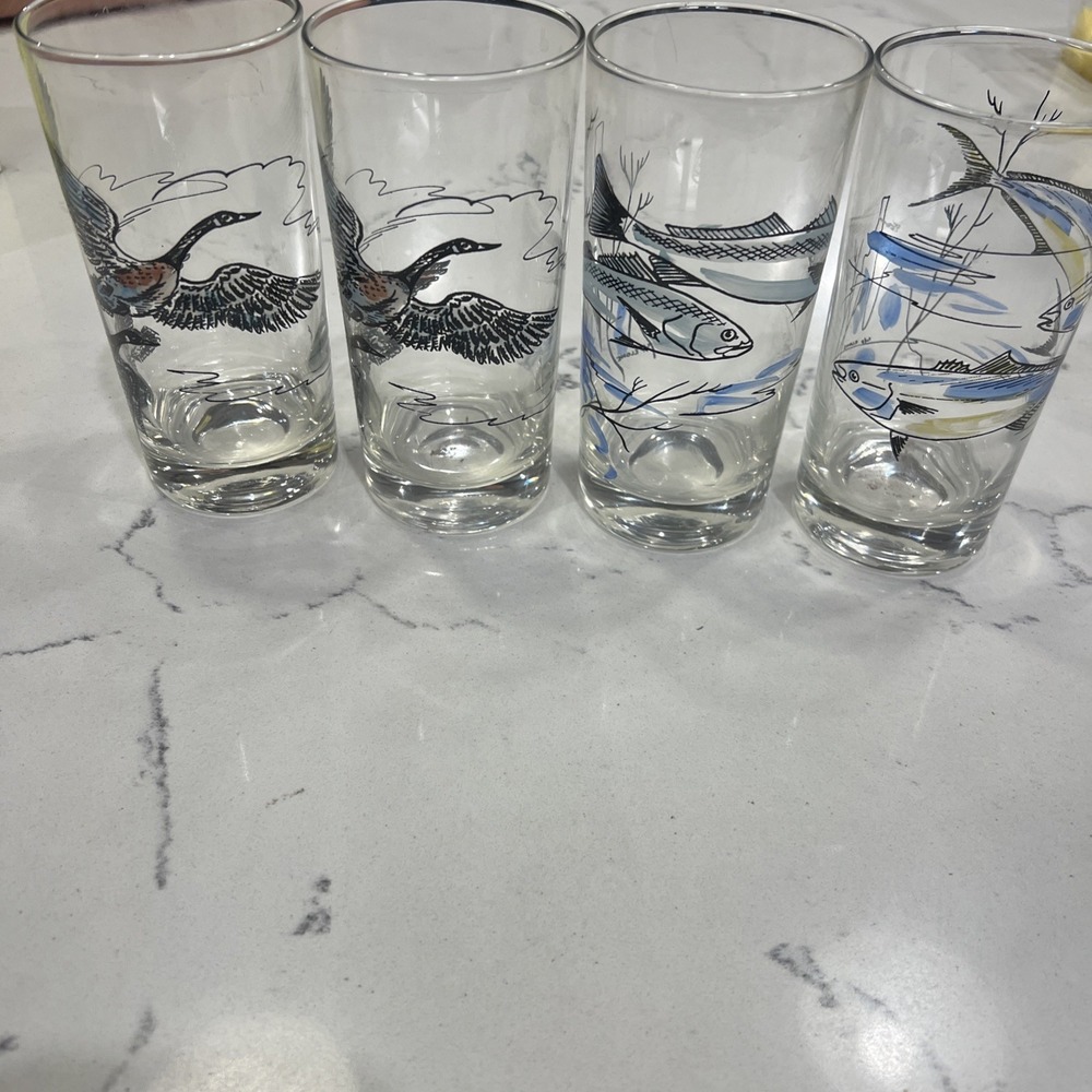 Vintage 1960s Cocktail Tumblers Geese/Fish MCM Retro Glasses Retro Barware